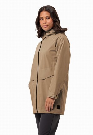 Khaki Jack Wolfskin Mainkai Long Women Rain Jackets | 98232338