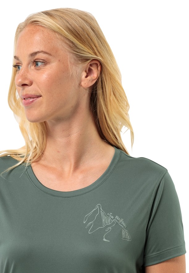 Green Jack Wolfskin Peak Graphic Women T Shirts | 53791212