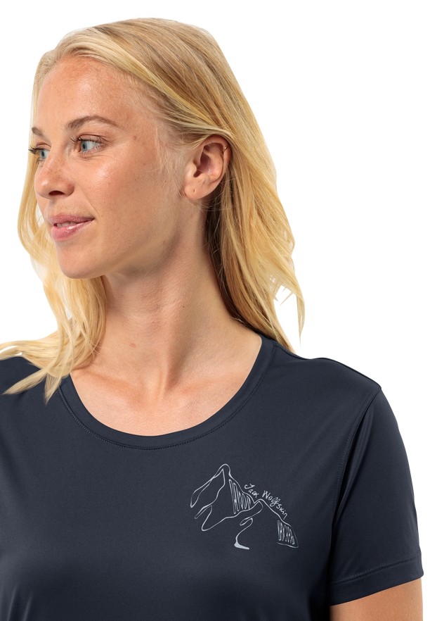 Navy Jack Wolfskin Peak Graphic Women T Shirts | 79272523