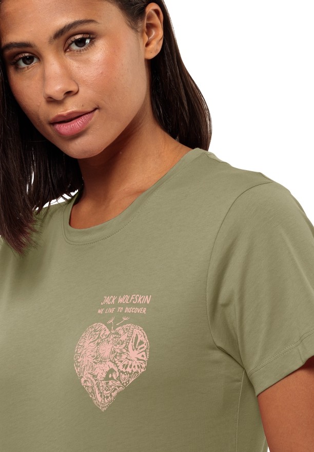 Olive Jack Wolfskin Discover Heart Women T Shirts | 20777864