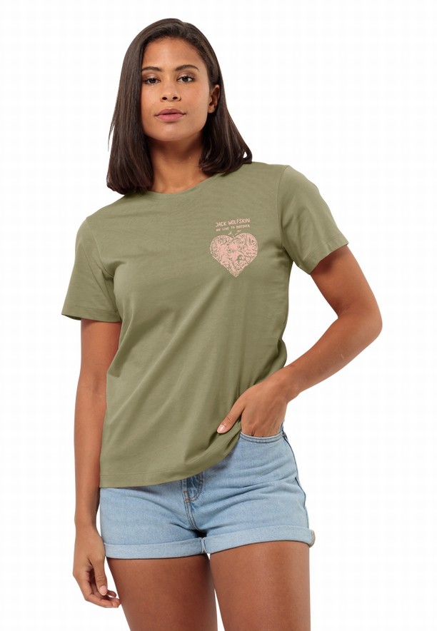 Olive Jack Wolfskin Discover Heart Women T Shirts | 20777864