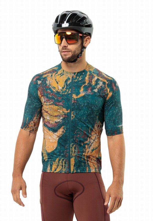 Turquoise Jack Wolfskin Gravex Printed Fz S/s Men T Shirts | 63063104